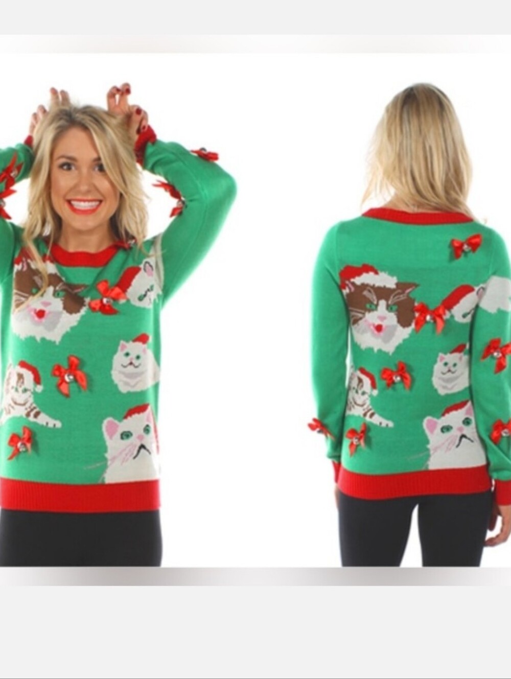 Tipsy Elves Crazy Cat Christmas Ugly Sweater green red holiday knitwear size L